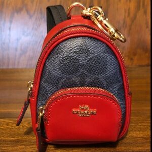 NWT-Coach-Mini Court Backpack-Bag Charm Signature Canvas-Denim/Bold Red-$75